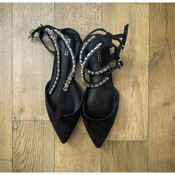 Express Black Rhinestone Heels Size 7 Pointed Toe Ankle Strap Dress Shoes - Picture 3 of 10
